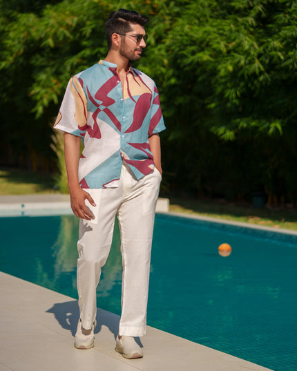 Eddie - Printed Shirt in Linen Blend Fabric