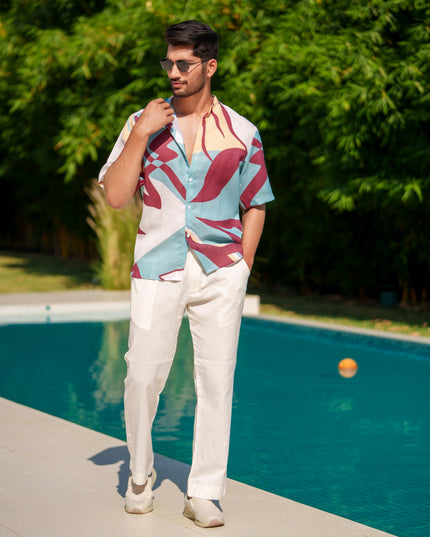 Eddie - Printed Shirt in Linen Blend Fabric