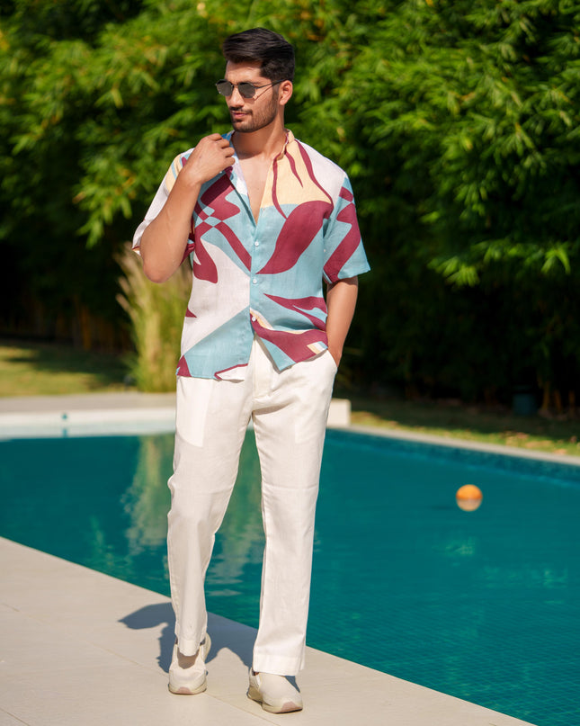 Eddie - Printed Shirt in Linen Blend Fabric
