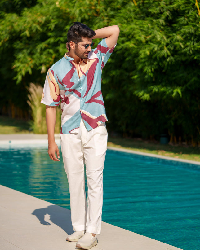 Eddie - Printed Shirt in Linen Blend Fabric