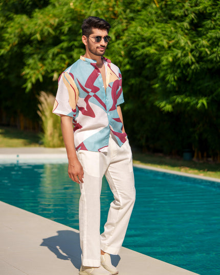 Eddie - Printed Shirt in Linen Blend Fabric