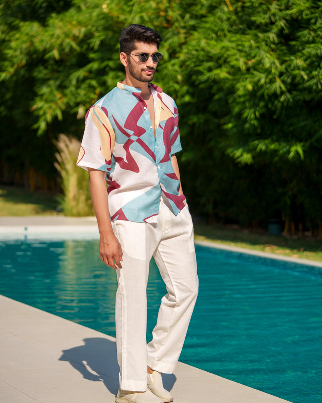 Eddie - Printed Shirt in Linen Blend Fabric