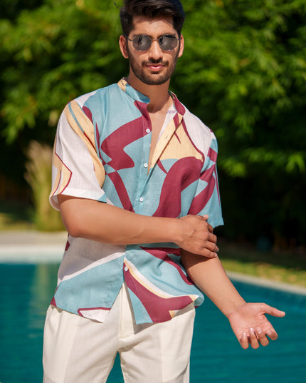 Eddie - Printed Shirt in Linen Blend Fabric
