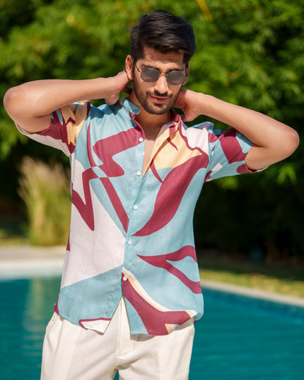Eddie - Printed Shirt in Linen Blend Fabric