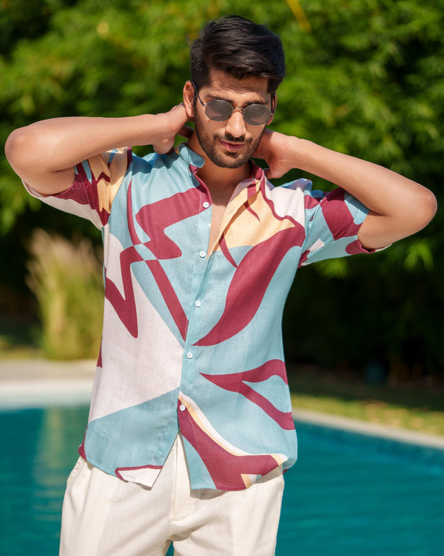 Eddie - Printed Shirt in Linen Blend Fabric