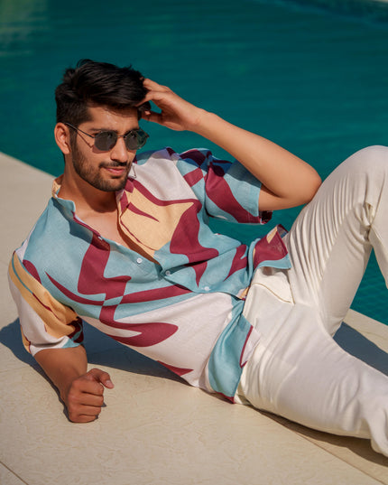Eddie - Printed Shirt in Linen Blend Fabric