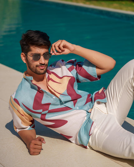 Eddie - Printed Shirt in Linen Blend Fabric