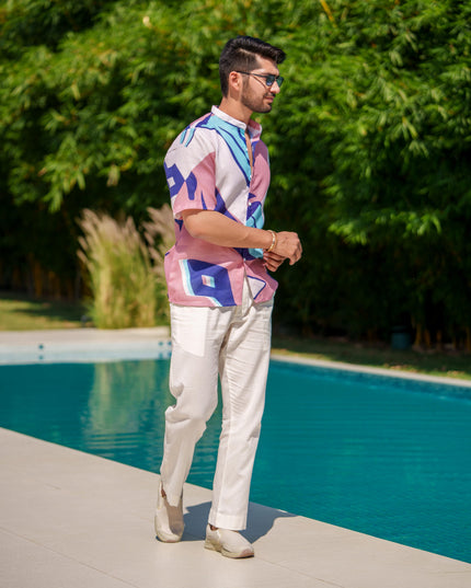 Eddie - Printed Shirt in Linen Blend Fabric