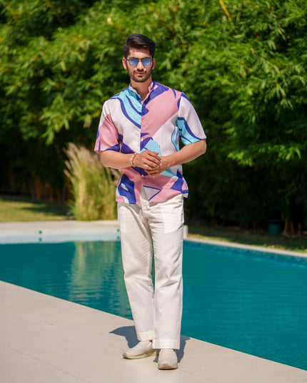 Eddie - Printed Shirt in Linen Blend Fabric