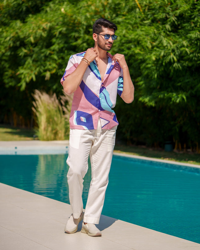 Eddie - Printed Shirt in Linen Blend Fabric