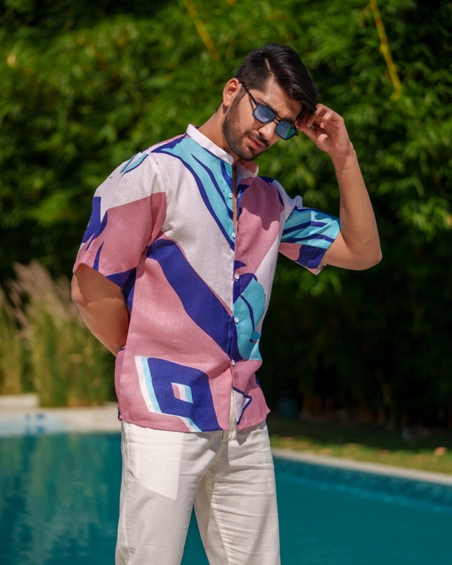 Eddie - Printed Shirt in Linen Blend Fabric