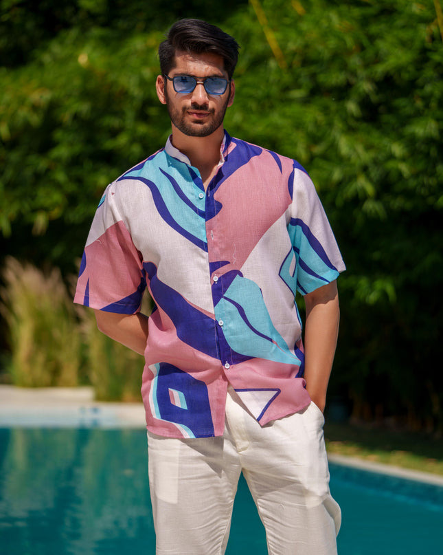 Eddie - Printed Shirt in Linen Blend Fabric