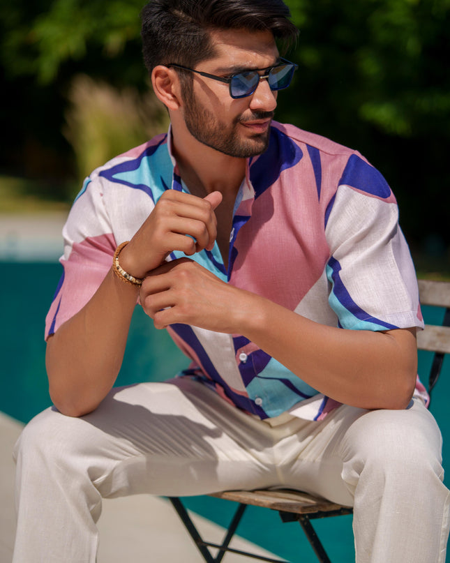 Eddie - Printed Shirt in Linen Blend Fabric