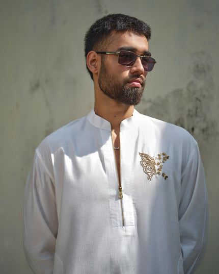 Men’s Butterfly Motif Kurta – FlyDesi (Hand-Embroidered, 10 Colors)
