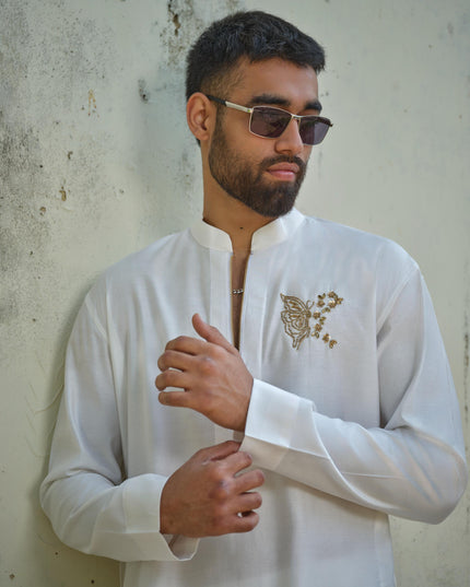 Men’s Butterfly Motif Kurta – FlyDesi (Hand-Embroidered, 10 Colors)