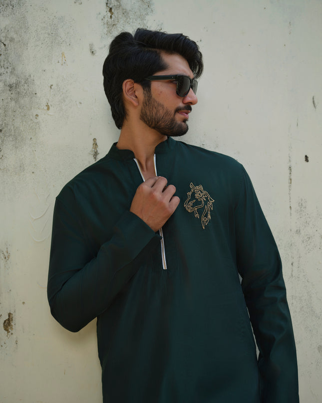 Men's Handcrafted Horse Motif Kurta - Ashva | Khadidhaga