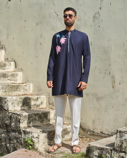 Men's Hand-Painted Lotus Kurta - Neel Kamal | Khadidhaga