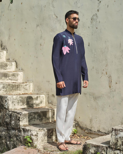 Men's Hand-Painted Lotus Kurta - Neel Kamal | Khadidhaga
