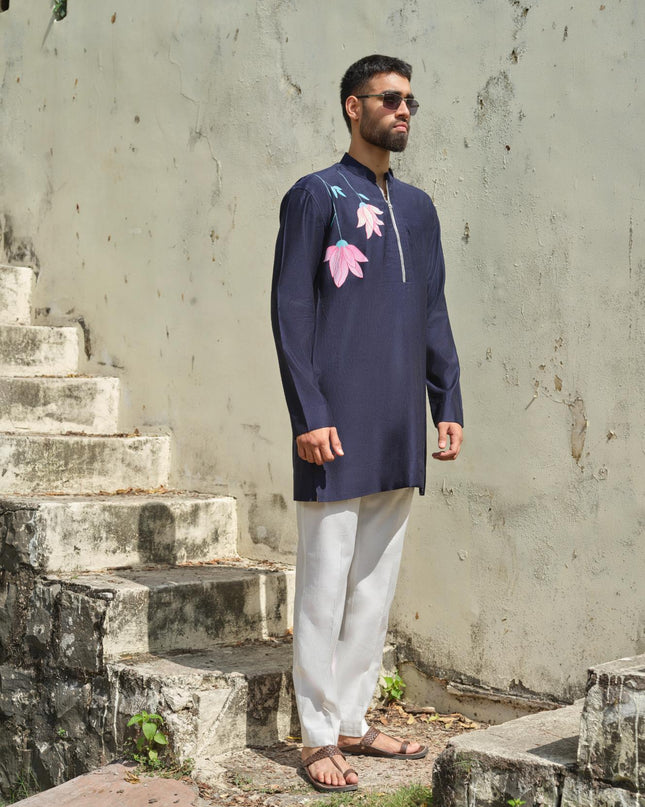 Men's Hand-Painted Lotus Kurta - Neel Kamal | Khadidhaga