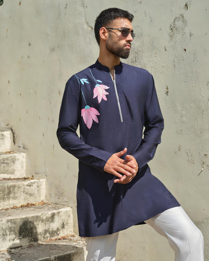 Men's Hand-Painted Lotus Kurta - Neel Kamal | Khadidhaga