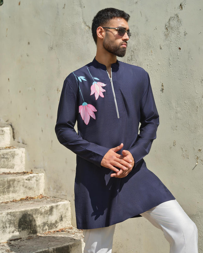 Men's Hand-Painted Lotus Kurta - Neel Kamal | Khadidhaga