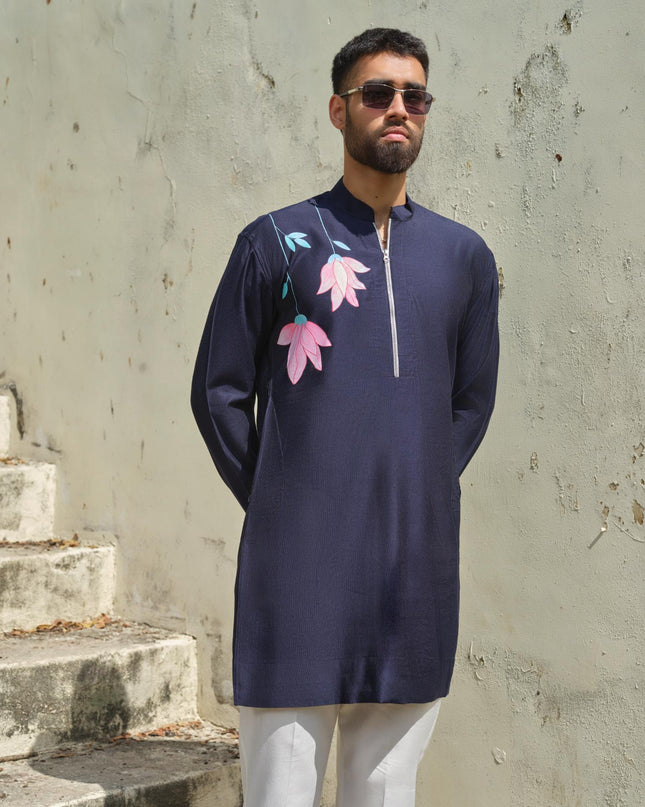 Men's Hand-Painted Lotus Kurta - Neel Kamal | Khadidhaga