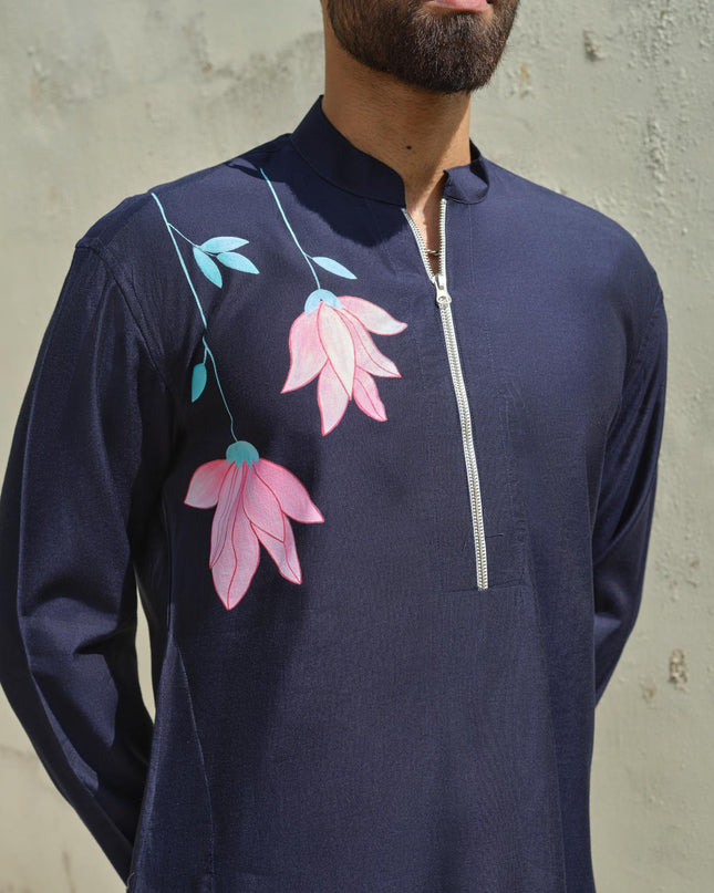 Men's Hand-Painted Lotus Kurta - Neel Kamal | Khadidhaga