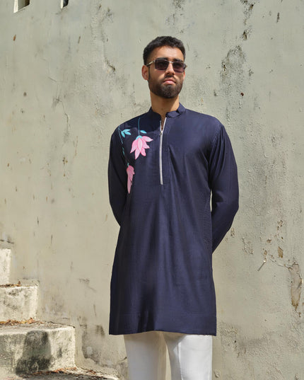 Men's Hand-Painted Lotus Kurta - Neel Kamal | Khadidhaga