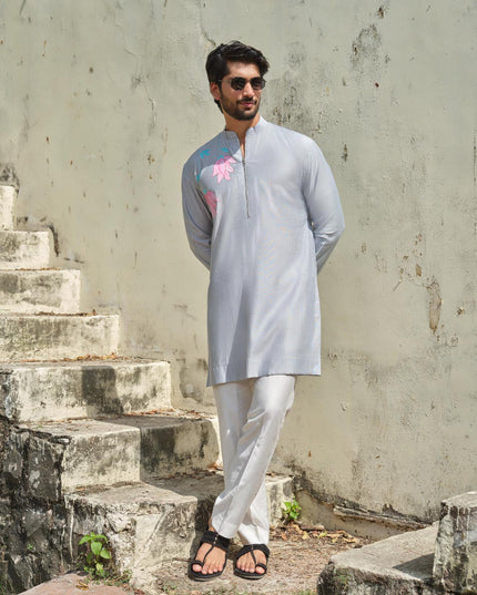Men's Hand-Painted Lotus Kurta - Neel Kamal | Khadidhaga