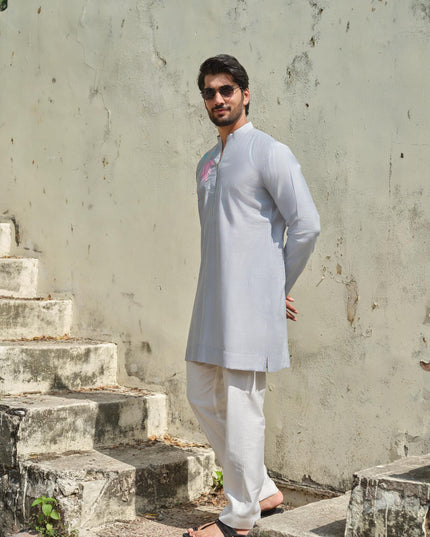 Men's Hand-Painted Lotus Kurta - Neel Kamal | Khadidhaga
