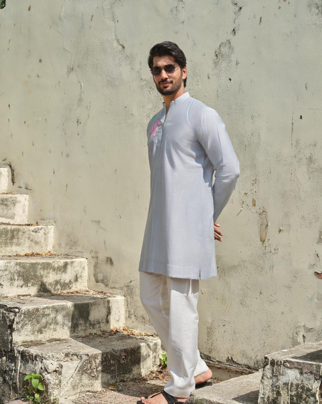 Men's Hand-Painted Lotus Kurta - Neel Kamal | Khadidhaga