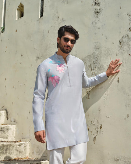 Men's Hand-Painted Lotus Kurta - Neel Kamal | Khadidhaga