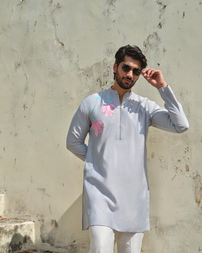 Men's Hand-Painted Lotus Kurta - Neel Kamal | Khadidhaga