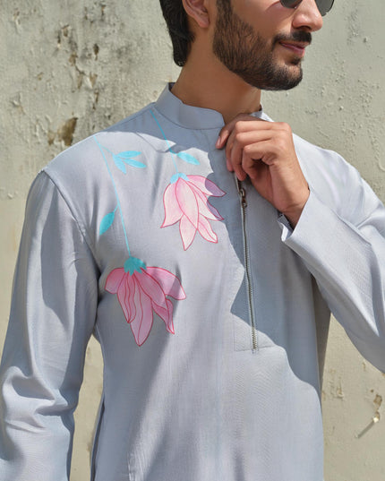 Men's Hand-Painted Lotus Kurta - Neel Kamal | Khadidhaga