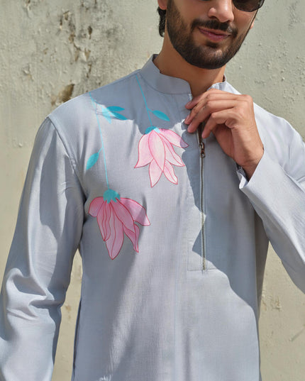 Men's Hand-Painted Lotus Kurta - Neel Kamal | Khadidhaga