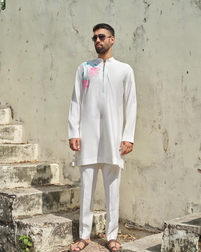 Men's Hand-Painted Lotus Kurta - Neel Kamal | Khadidhaga