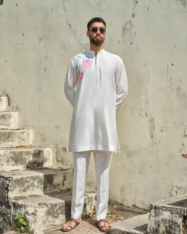 Men's Hand-Painted Lotus Kurta - Neel Kamal | Khadidhaga