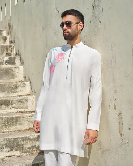 Men's Hand-Painted Lotus Kurta - Neel Kamal | Khadidhaga