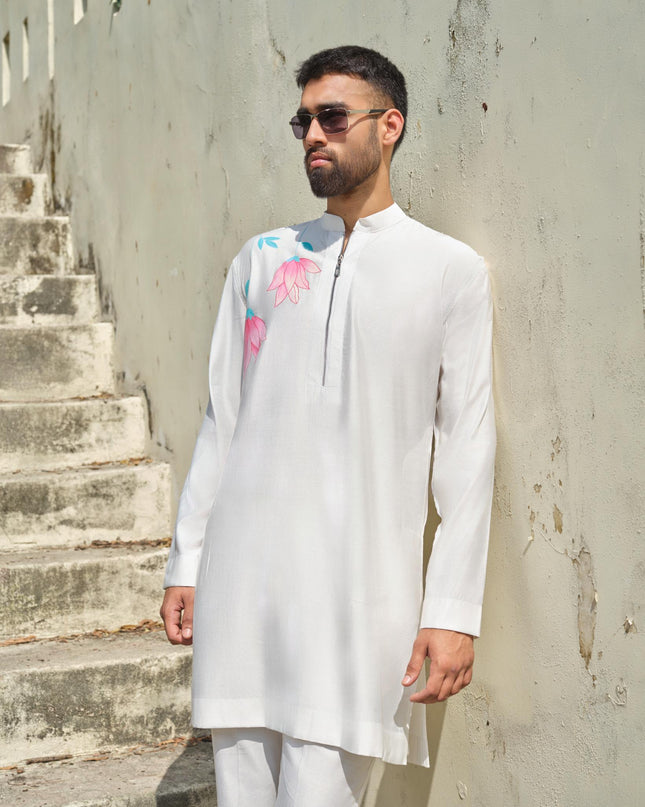 Men's Hand-Painted Lotus Kurta - Neel Kamal | Khadidhaga