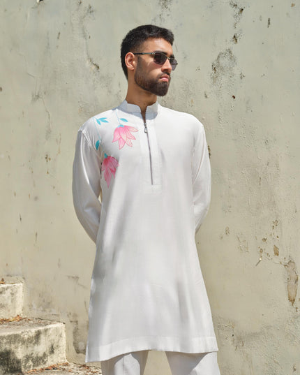 Men's Hand-Painted Lotus Kurta - Neel Kamal | Khadidhaga