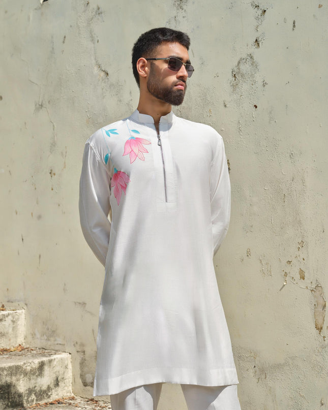 Men's Hand-Painted Lotus Kurta - Neel Kamal | Khadidhaga