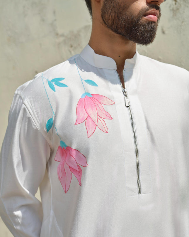 Men's Hand-Painted Lotus Kurta - Neel Kamal | Khadidhaga