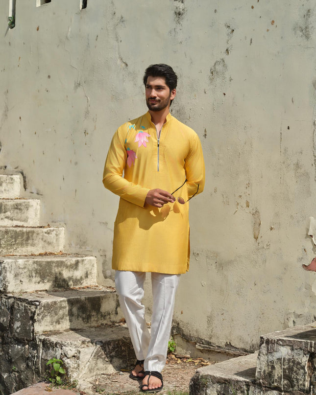 Men's Hand-Painted Lotus Kurta - Neel Kamal | Khadidhaga