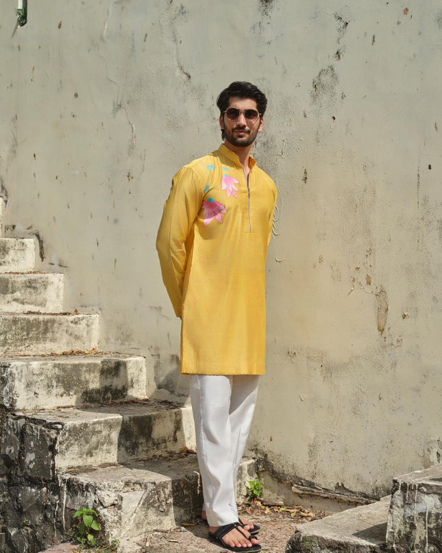 Men's Hand-Painted Lotus Kurta - Neel Kamal | Khadidhaga