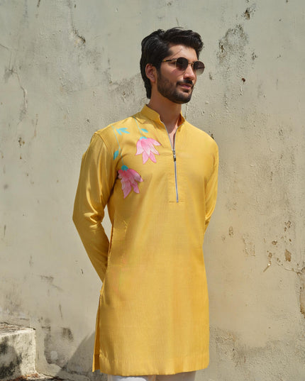 Men's Hand-Painted Lotus Kurta - Neel Kamal | Khadidhaga