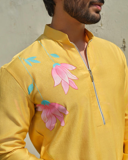 Men's Hand-Painted Lotus Kurta - Neel Kamal | Khadidhaga