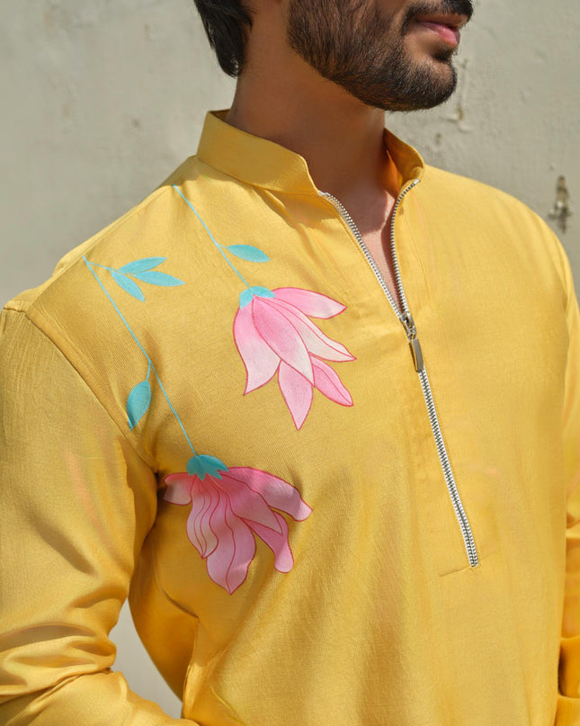 Men's Hand-Painted Lotus Kurta - Neel Kamal | Khadidhaga