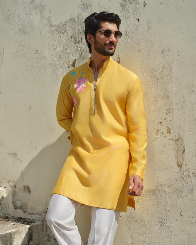 Men's Hand-Painted Lotus Kurta - Neel Kamal | Khadidhaga
