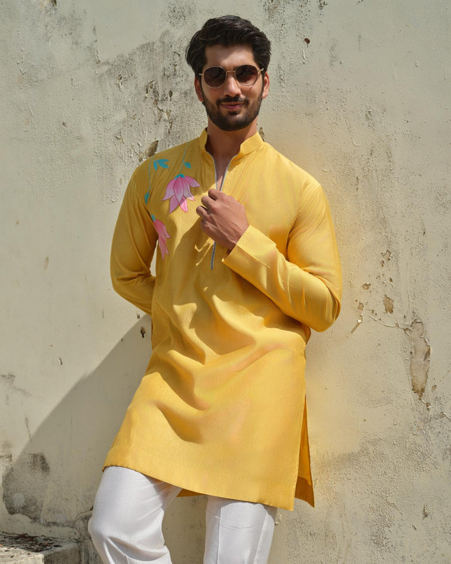 Men's Hand-Painted Lotus Kurta - Neel Kamal | Khadidhaga