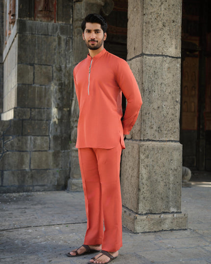 Men’s Cotton-Linen Co-ord Set – Tattva Fire (Rust Orange) | Khadidhaga